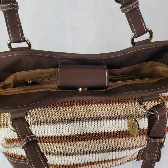 The SAK Beige Brown Stripe Crochet Shoulder Bag Purse Double Handle Satchel - Picture 11 of 16